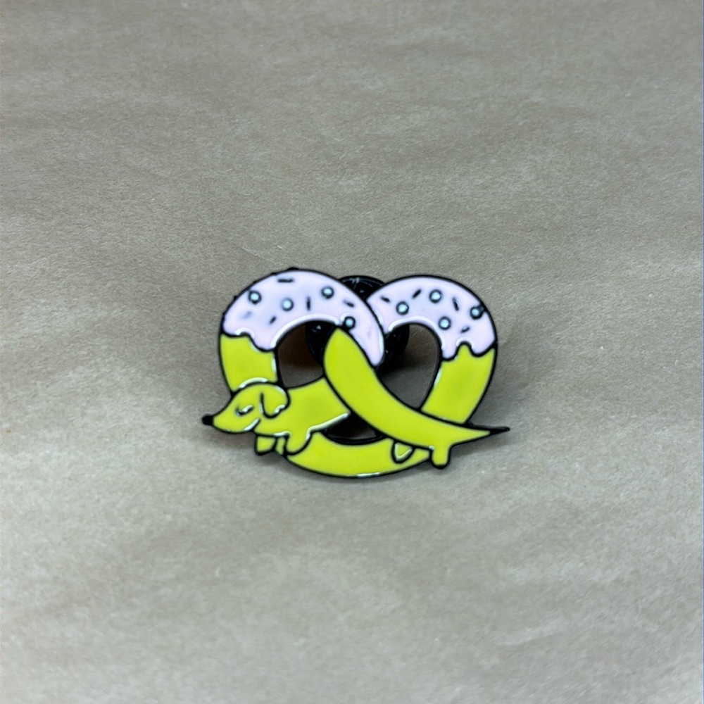 Yellow & Pink Frosted Pretzel Weiner Dog Enamel and Metal Pin